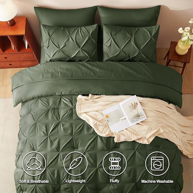 CozyLux King Size Comforter Set Olive Green, 7 Pieces Pintuck Bed in A Bag - Image 2