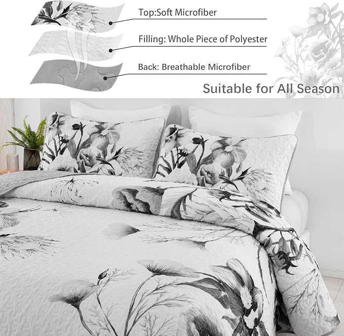 Floral Quilt Set King 3 Pieces Grey Floral Quilt Coverlet Set Soft Microfiber - Image 5
