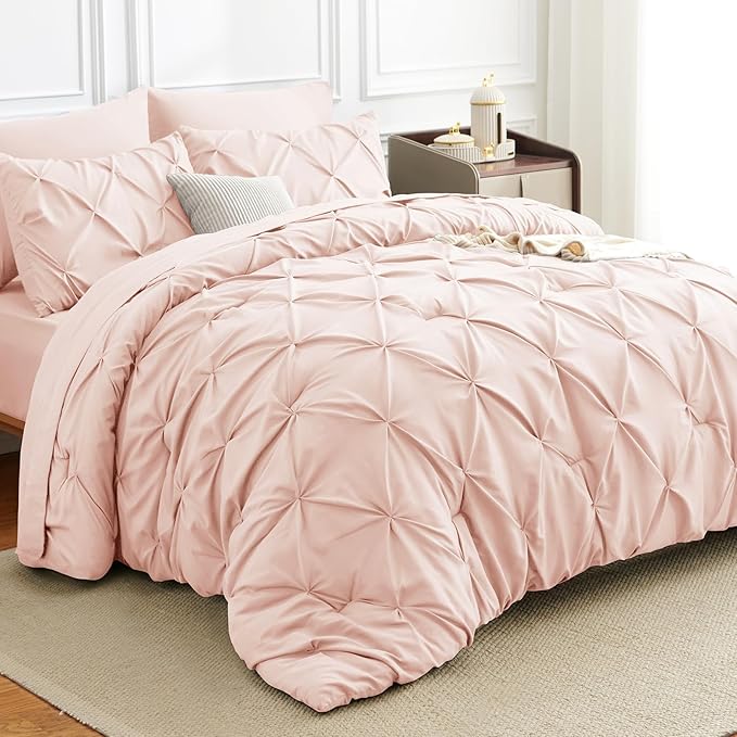 HIMEET Pintuck Bed in a Bag, 7 Pieces Queen Size Comforter Set Blush Pink by Unknown