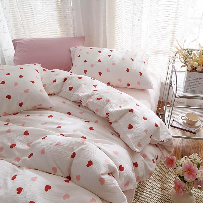 Nayoroom Heart Duvet Cover Set Queen Size Red Pink Hearts Printed on White - Image 2