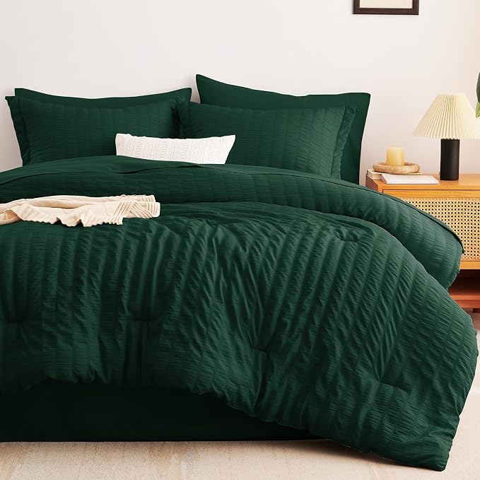 CozyLux Oversized Queen Comforter Set Emerald Green Seersucker 7 Pieces 98x98 - Image 9