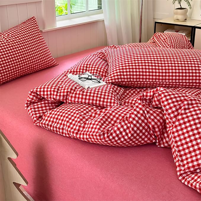 Nayoroom Red Gingham Duvet Cover Queen Size 100% Washed Cotton Plaid Checkered - Image 3
