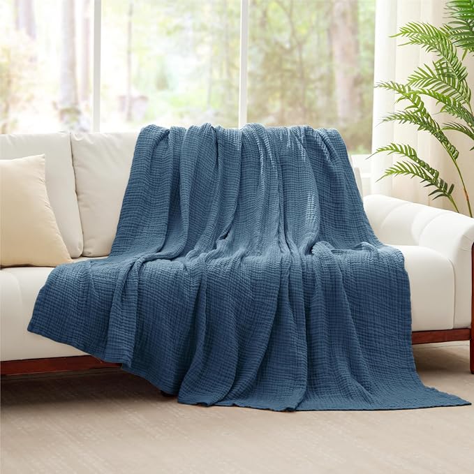 100% Cotton Light Blue Throw Blanket 50" x 70", 6 Layers Large Breathable and - Image 8