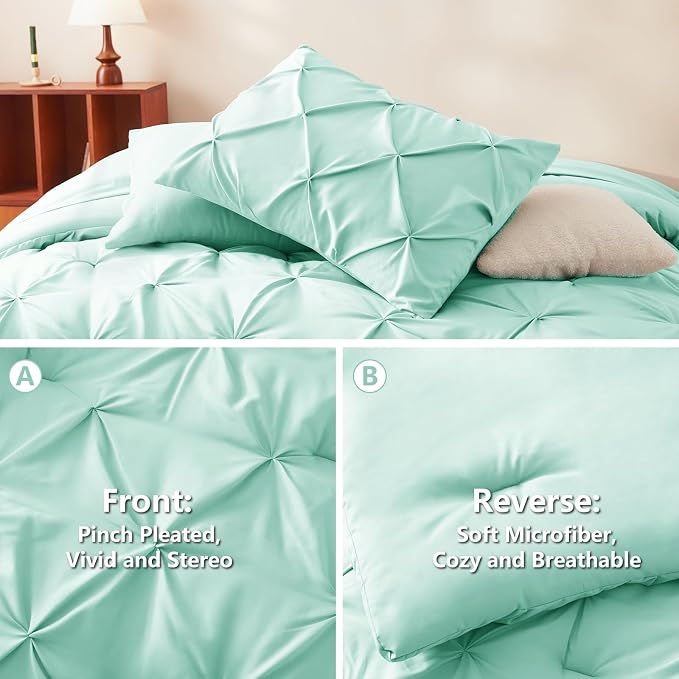 CozyLux Queen Comforter Set Mint Green, 7 Pieces Pintuck Bed in A Bag, Premium - Image 3