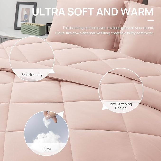 Love's cabin Full Comforter Set Pink, 7 Pieces Full Bed in a Bag, All Season - Image 5