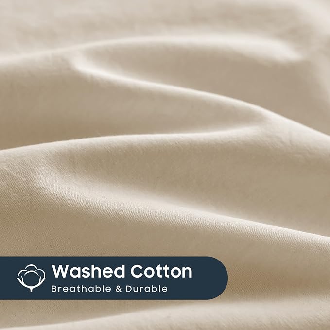 Wake In Cloud - Cotton Duvet Cover Set, Queen Size, Khaki Linen Color, 100% - Image 7
