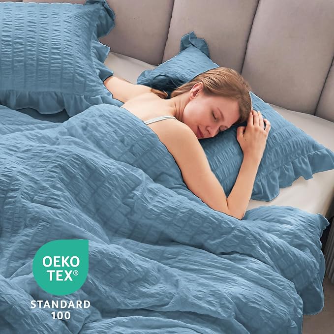JOLLYVOGUE King Size Comforter Set, 3 Pieces Sea Blue Seersucker Comforters - Image 6