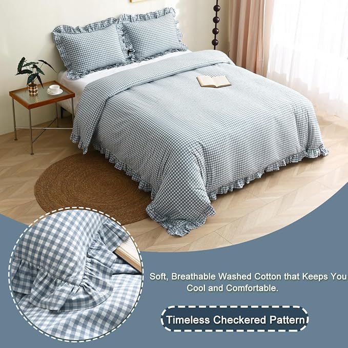Silnuo Light Blue/White Plaid Ruffle Duvet Cover Set Twin Size, 100% Washed - Image 2
