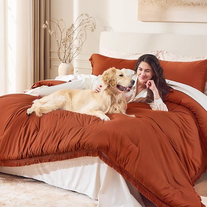 Andency Queen Comforter Set Burnt Orange, 3 Pieces Boho Terracotta Fall Tassel - Image 3