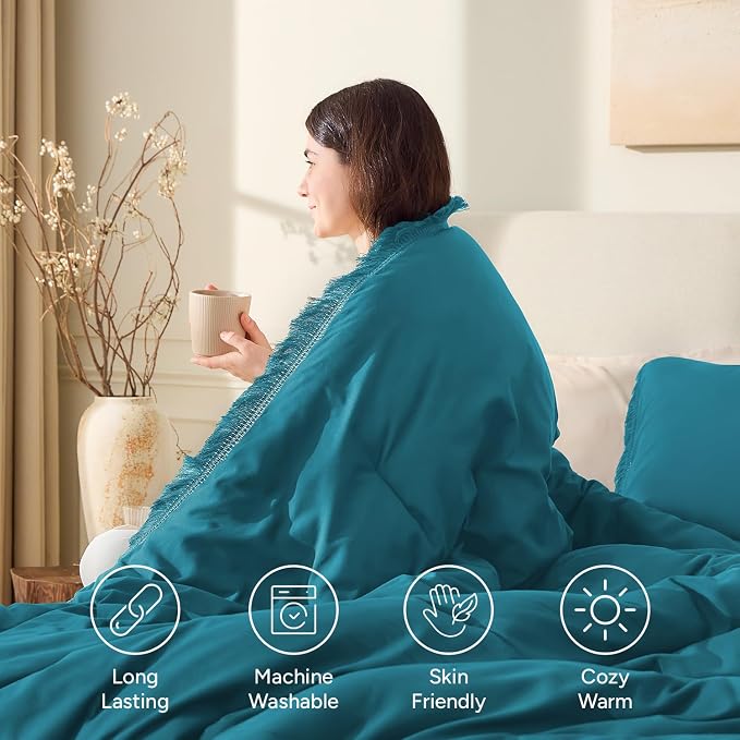 Andency Turquoise Comforter Set Full Size, 3 Pieces Boho Teal Tassel - Image 4