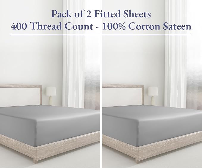 2 King Fitted Sheets, 400 Thread Count 100% Cotton Sateen, King Size Fitted - Image 4