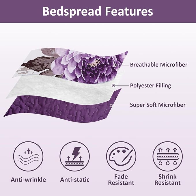 WONGS BEDDING Purple Floral Quilt Set King, 3 Pieces Reversible Lightweight - Image 6