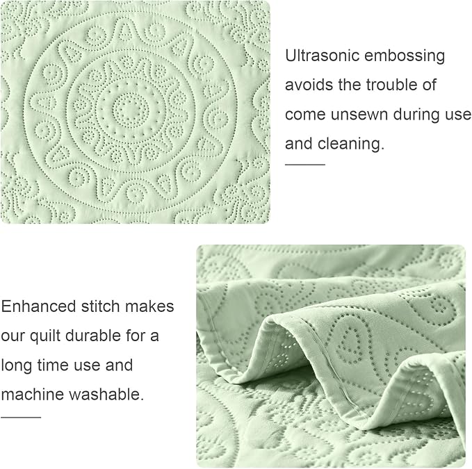 WURUIBO Light Green Quilt Set Queen Size, Embossing Microfiber Full Bedspreads - Image 5