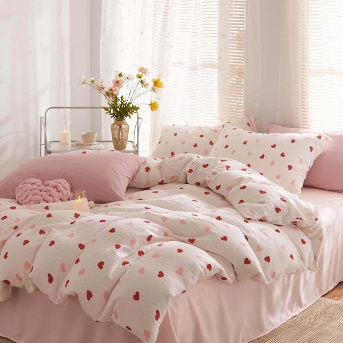 Nayoroom Heart Duvet Cover Set Queen Size Red Pink Hearts Printed on White - Image 6