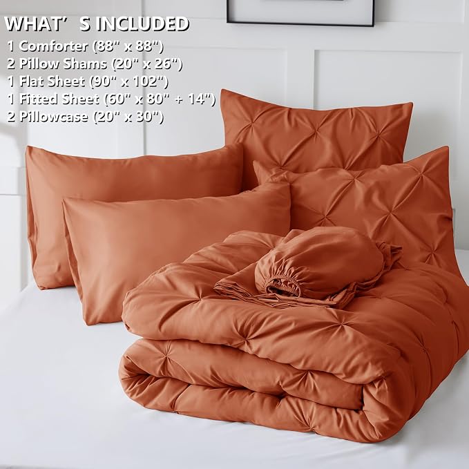 HIMEET Pintuck Bed in a Bag, 7 Pieces Queen Size Comforter Set Burnt Orange - Image 8