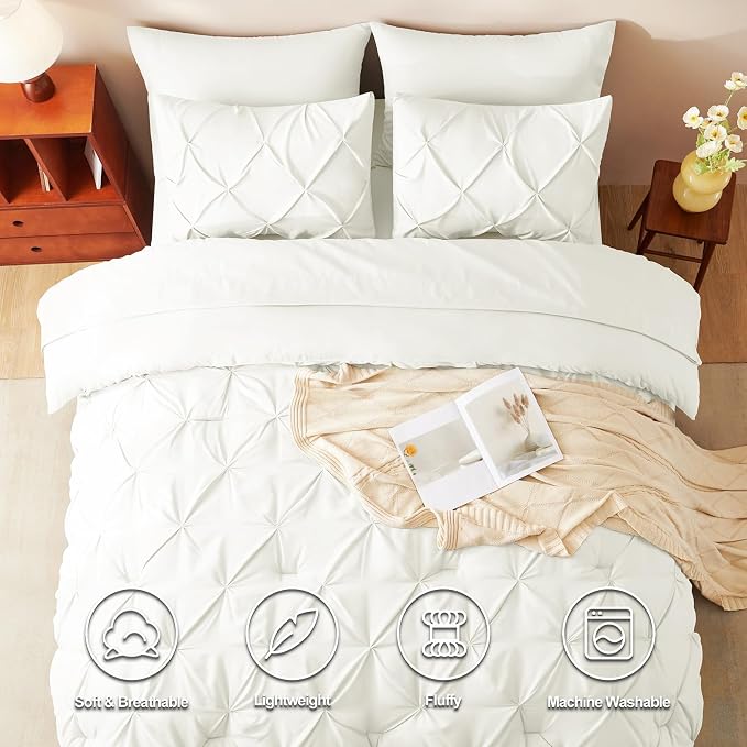 HIMEET Pintuck Bed in a Bag, 7 Pieces Queen Size Comforter Set Ivory, Luxury - Image 2