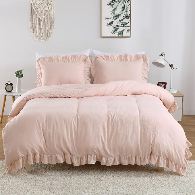 Pink Ruffle Duvet Cover Queen Size, 90x90 in by CAROMIO