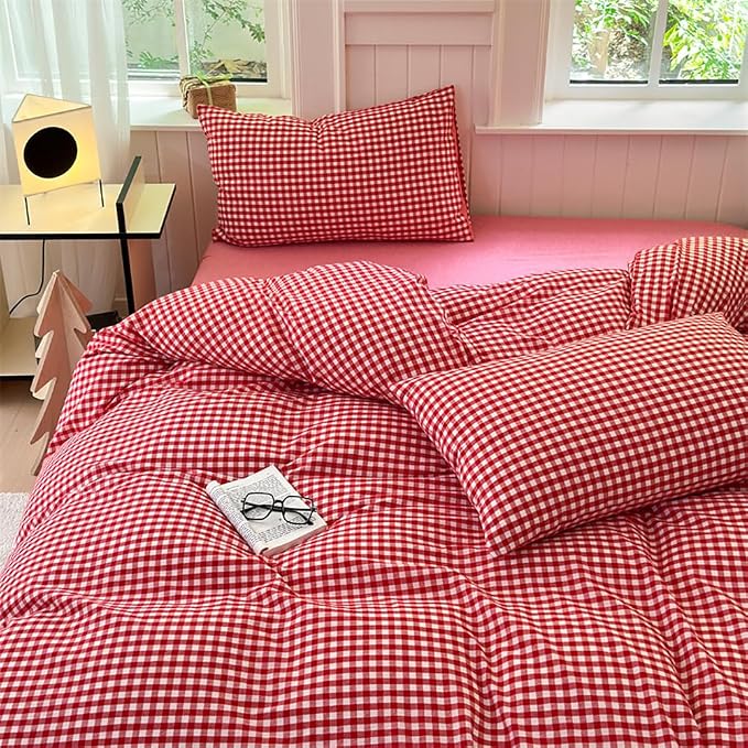 Nayoroom Red Gingham Duvet Cover Queen Size 100% Washed Cotton Plaid Checkered - Image 2