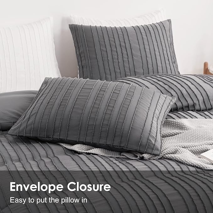 WARMDERN Gray Boho Duvet Cover Set King Size, Striped Textured Duvet Cover - Image 4