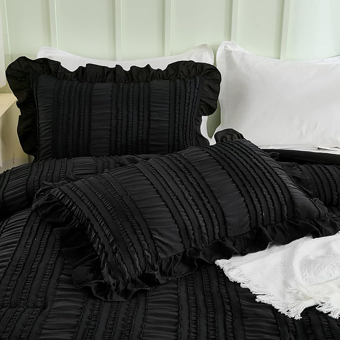 WONGS BEDDING Black Comforter Set Queen, 3 Pieces Ruffle Farmhouse Shabby Chic - Image 5