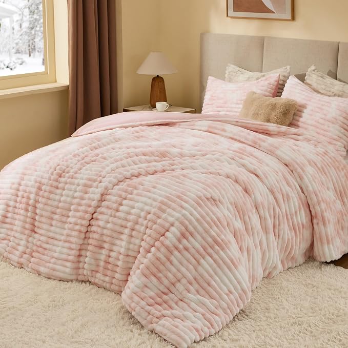 BEDELITE Fleece Twin Comforter Set -Super Soft & Warm Fluffy Pink&White Bedding - Image 2