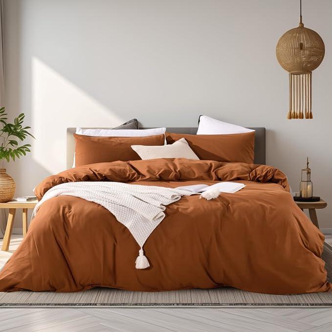 NEXHOME PRO Terracotta Burnt Orange Duvet Cover Set King Size Linen Textured by NEXHOMEPRO
