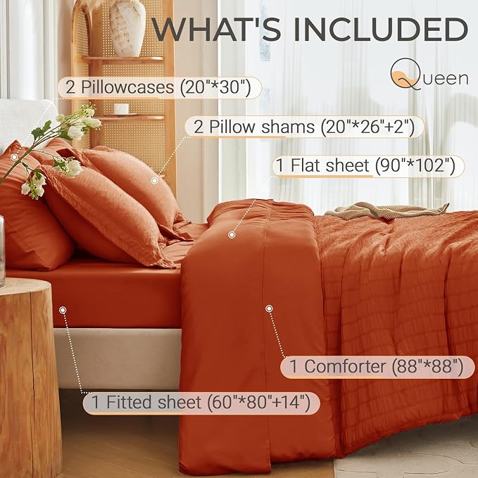 MUXHOMO 7 Pieces Queen Comforter Set, Seersucker Bed in a Bag Queen Size - Image 4
