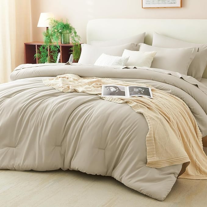 CozyLux Queen Comforter Set Oatmeal, 7 Pieces Bed in a Bag Queen Comforter Set by CozyLux