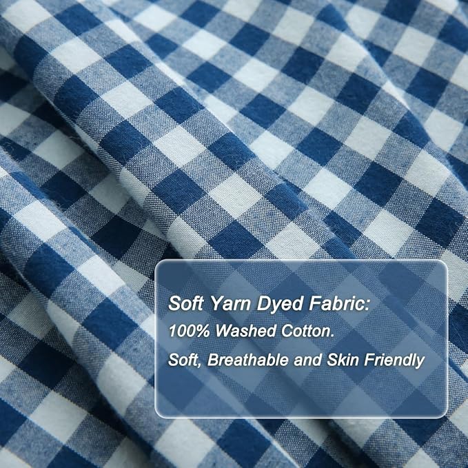 Silnuo Navy Blue/White Plaid Ruffle 3-Piece Duvet Cover Set Full Size, Washed - Image 4