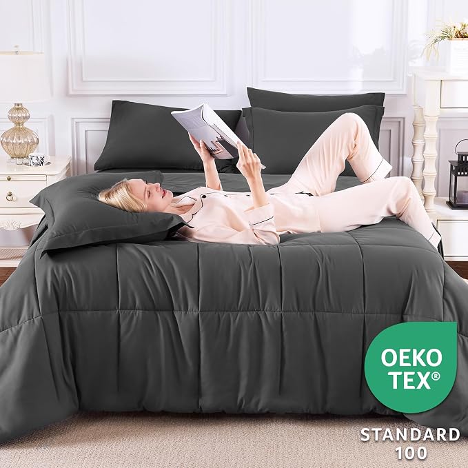 CozyLux Oversized King Comforter Sets Dark Grey, 7 Pieces Bed in a Bag - Image 3