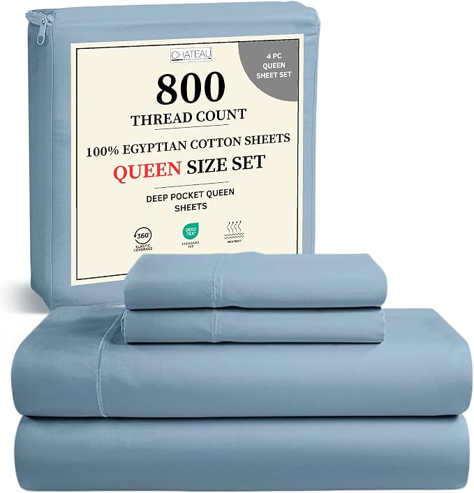 100% Egyptian Cotton Sheets Queen Size Set, 800TC 15" Deep Pocket Queen Sheets by CHATEAUHOMECOLLECTION