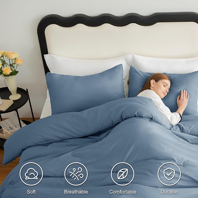 CozyLux Grayish Blue King Size Comforter Set, 3 Pieces Dusty Blue Solid - Image 5
