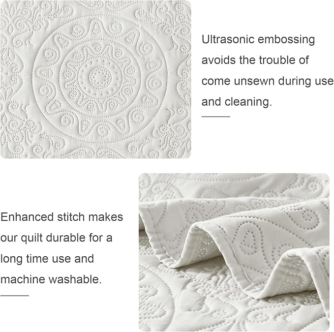 WURUIBO Cream Quilt Set Queen Size, Embossing Microfiber Full Bedspreads - Image 3