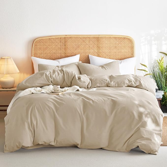 Wake In Cloud - Cotton Duvet Cover Set, Twin Size, Khaki Linen Color, 100% - Image 9