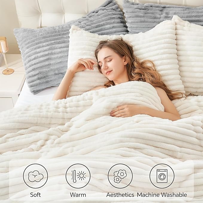BEDELITE Fleece Oversized Queen Comforter Set -Super Soft & Warm Fluffy Cream - Image 5