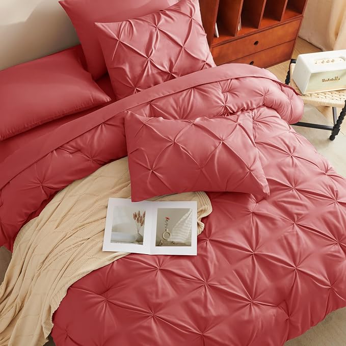 CozyLux Full Size Comforter Sets Coral, 7 Pieces Pintuck Bed in A Bag Coral - Image 4