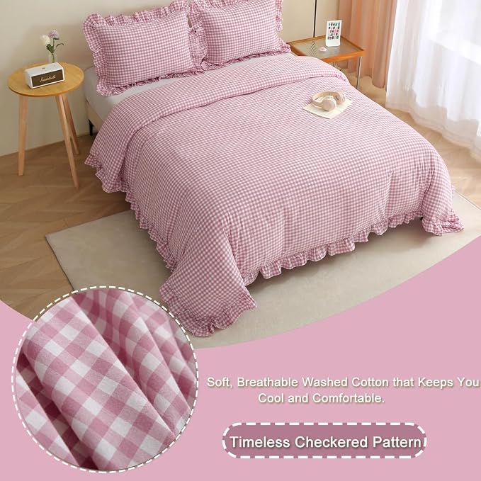 Silnuo Vintage Pink/White Plaid Ruffle 3-Piece Duvet Cover Set Twin Size - Image 2