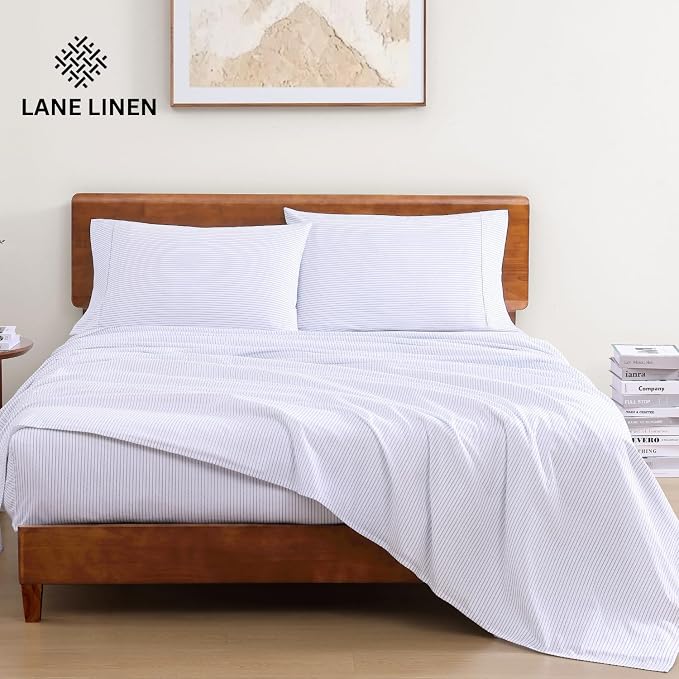 LANE LINEN 100% Organic Printed Cotton Sheets Twin Size, Classic Ticking Stripe - Image 2