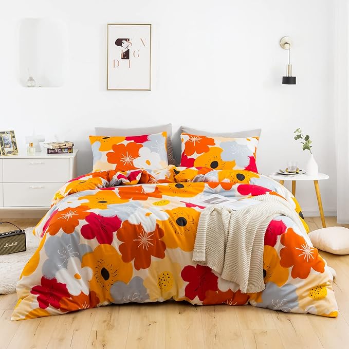 SUSYBAO Orange Flower Duvet Cover King 100% Cotton Burnt Orange Floral Duvet by SUSYBAO