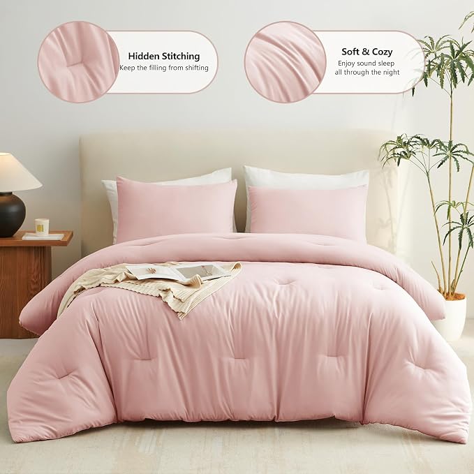 CozyLux California King Comforter Set Blush Pink, 3 Pieces Cal King Solid - Image 2
