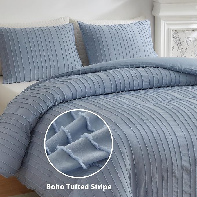 WARMDERN Blue Boho Duvet Cover Set Full Size, Striped Textured Duvet Cover - Image 2