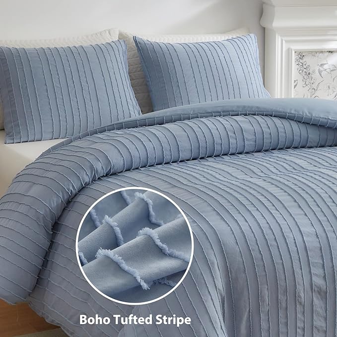 WARMDERN Blue Boho Duvet Cover King Size, Striped Textured Duvet Cover Set - Image 2