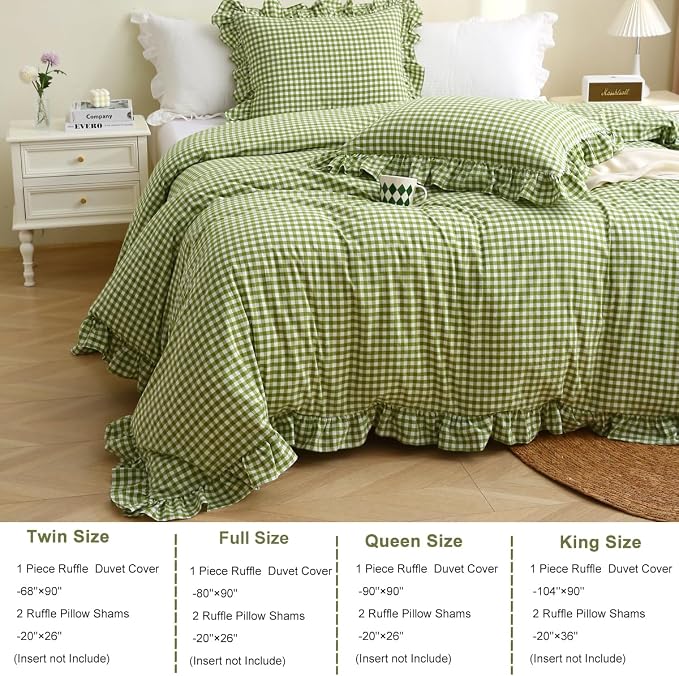 Silnuo Olive Green/White Checkered Ruffle 3-Piece Duvet Cover Set Twin Size - Image 4