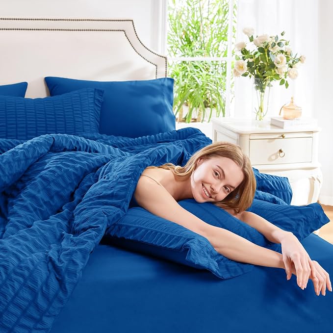 CozyLux King Size Comforter Set Classic Blue Seersucker 7 Pieces Bed in a Bag - Image 7