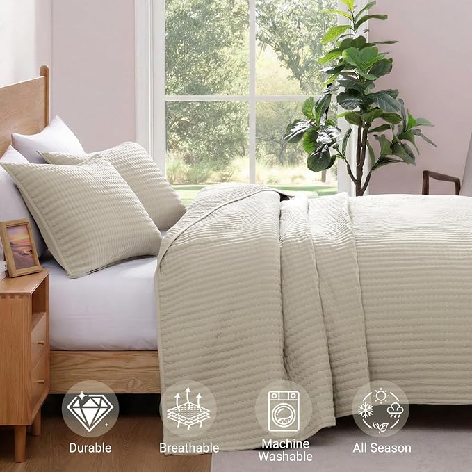 WRENSONGE Queen Quilt-3 Pieces Lightweight Bedspreads Light Oatmeal Queen Size - Image 4