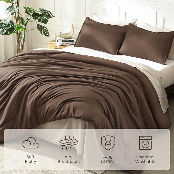 Litanika Brown Comforter Set Queen Size, 3 Pieces Lightweight Solid Bedding - Image 3