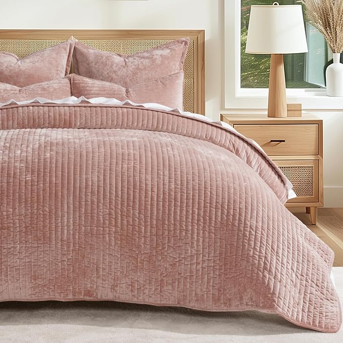 EverGrace Velvet Quilt Set Queen Size, Luxurious Soft Striped Channel Bedding - Image 8