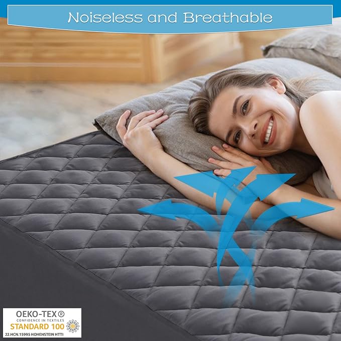 GRT Queen Size Grey Quilted Fitted Mattress Pad, 100% Waterproof Breathable - Image 3