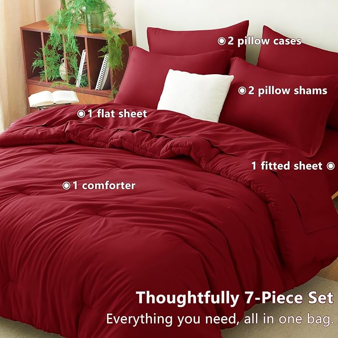 CozyLux Queen Comforter Set Dark Red, 7 Pieces Bed in a Bag Queen Comforter Set - Image 6