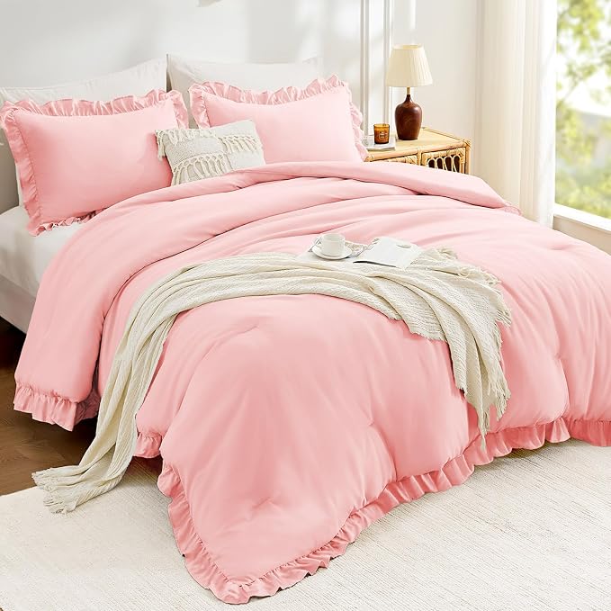 FUANNA Pink Queen Comforter Set, 3 Pieces Ruffle Queen Bed Set, Fluffy Bed in a - Image 2